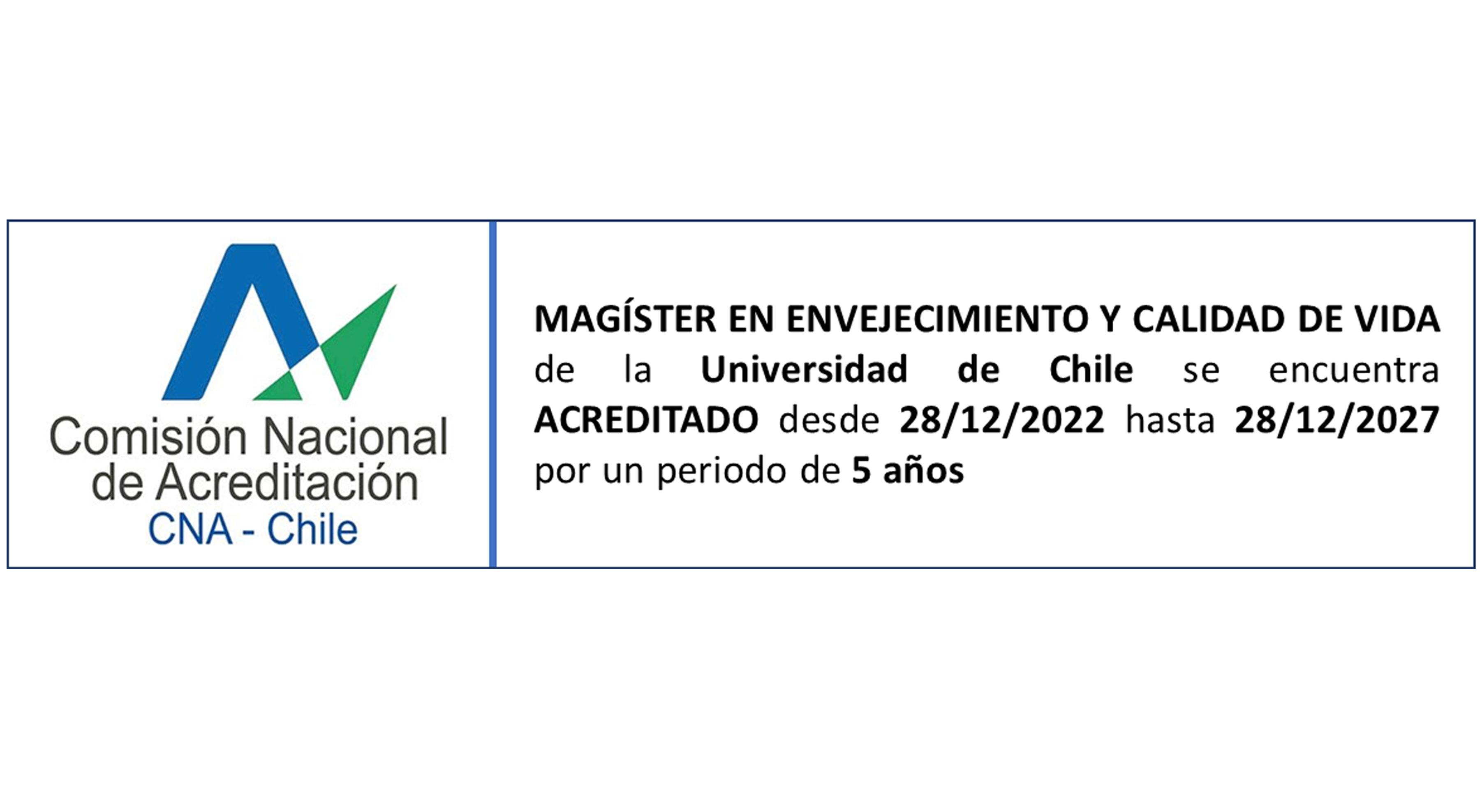  CNA-Chile acredita el  Magíster en Envejecimiento y Calidad de Vida del 28/12/2022 al 28/12/2027.
